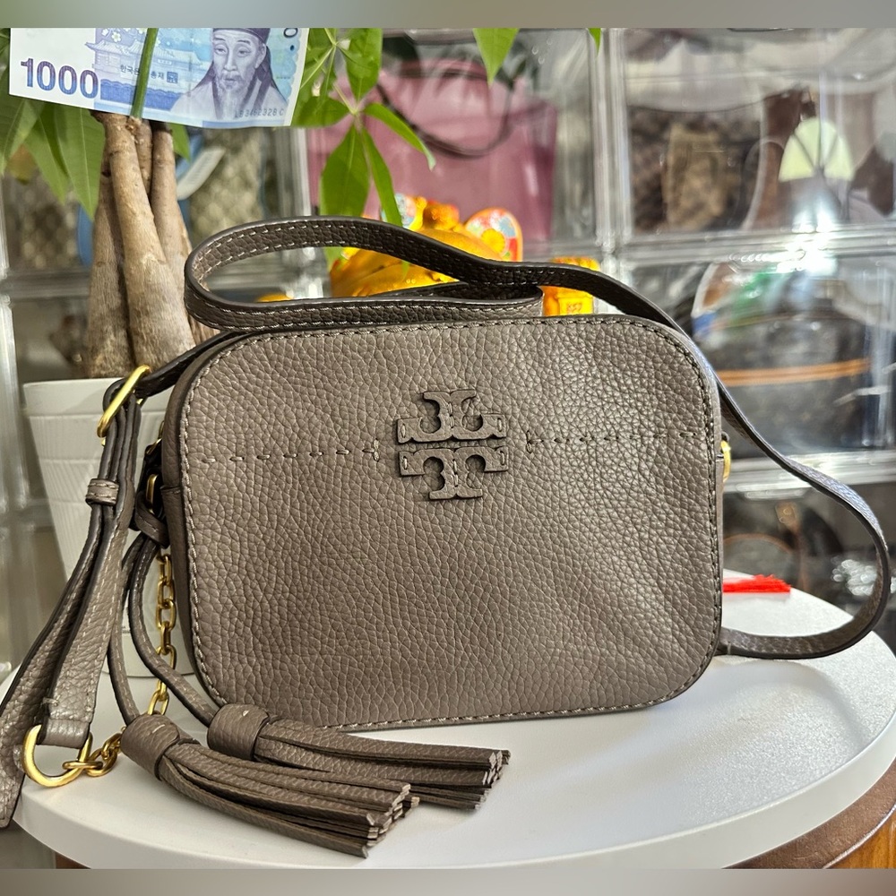 Tory Burch Taupe Pebbled Leather Crossbody Camera Bag